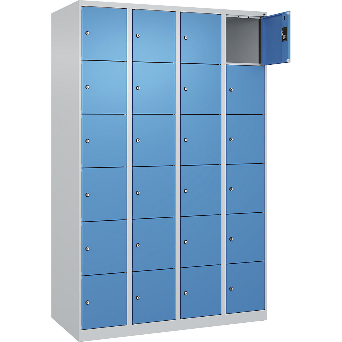 Armário de cacifos de 6 andares Evolo PLUS, 4 compartimentos, cinzento claro/azul claro, L 1200 mm, 24 compartimentos, com sapatas, fechadura de cilindro-0