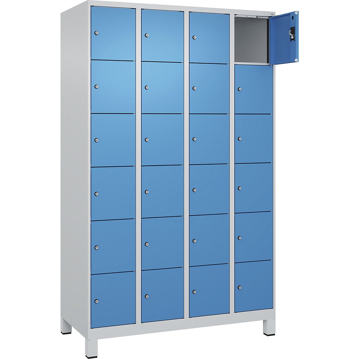 Armário de cacifos de 6 andares Evolo PLUS, 4 compartimentos, cinzento claro/azul claro, L 1200 mm, 24 compartimentos, com pés largos, fechadura de cilindro-0