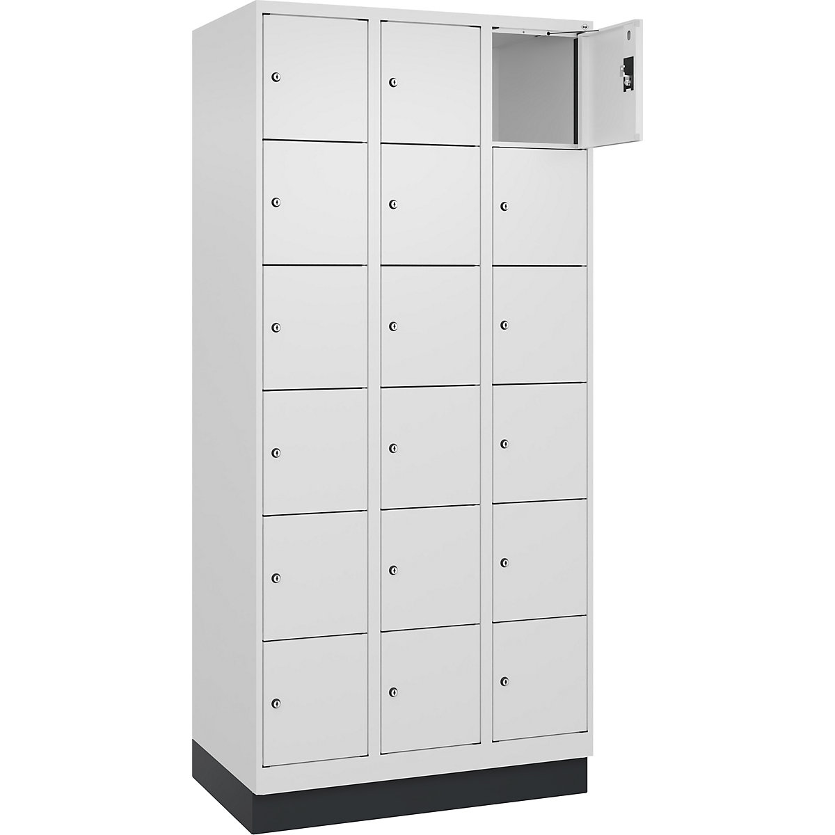 Armário de cacifos de 6 andares Evolo PLUS, 3 compartimentos, branco, L 900 mm, 18 compartimentos, com rodapé, fechadura de cilindro-0