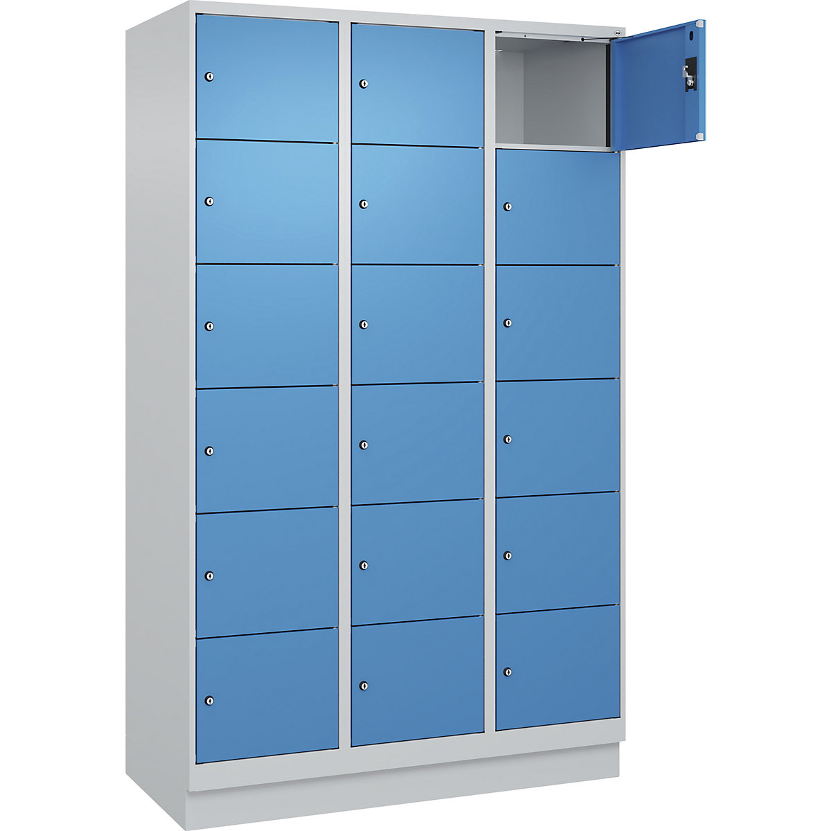 Armário de cacifos de 6 andares Evolo PLUS, 3 compartimentos, cinzento claro/azul claro, L 1200 mm, 18 compartimentos, com rodapé, fechadura de cilindro-0