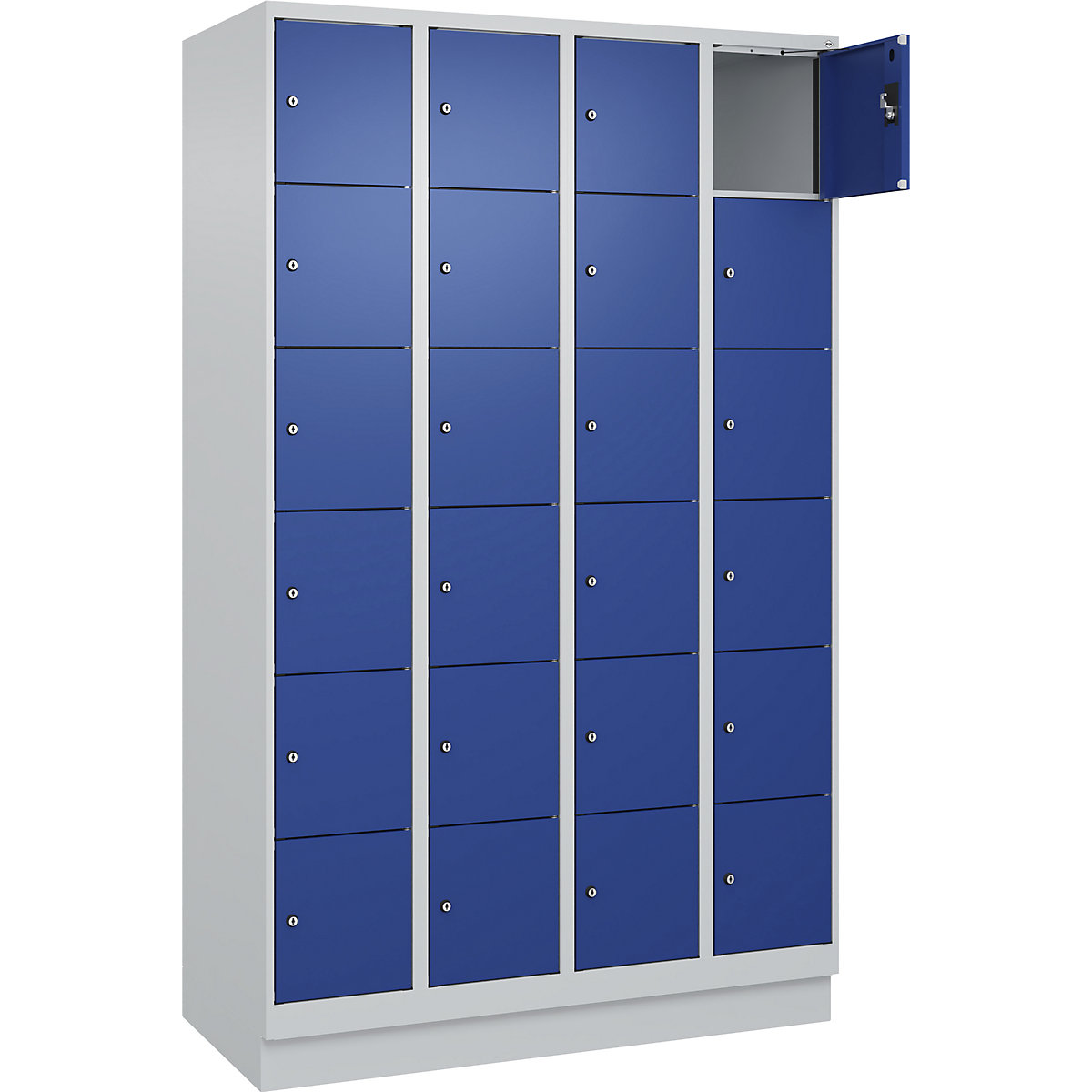 Armário de cacifos de 6 andares Evolo PLUS, 4 compartimentos, cinzento claro/azul genciana, L 1200 mm, 24 compartimentos, com rodapé, fechadura de cilindro-0