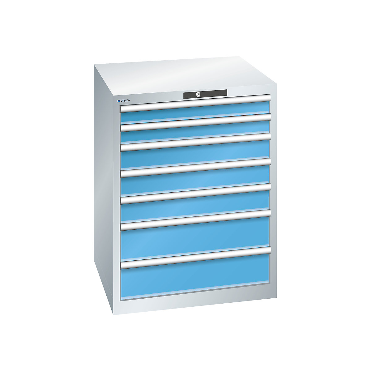 Armário de gavetas, 7 gavetas – LISTA, LxPxA 717 x 725 x 850 mm, capacidade de carga 200 kg, cinzento claro / azul claro-0