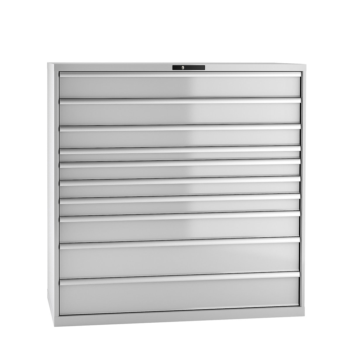 Armário de gavetas, chapa de aço – LISTA, AxL 1450 x 1431 mm, 10 gavetas, capacidade de carga 200 kg, cinzento claro-0