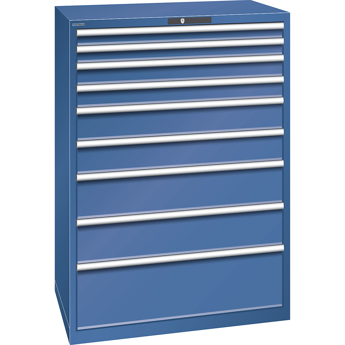 Armário de gavetas, chapa de aço – LISTA, AxL 1450 x 1023 mm, 9 gavetas, capacidade de carga 200 kg, azul genciana-0