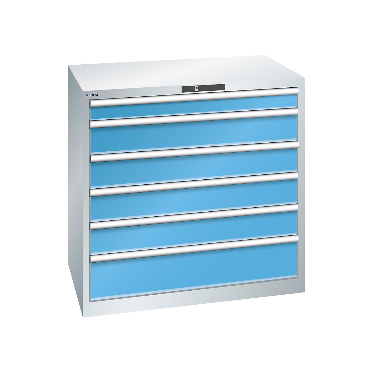 Armário de gavetas, chapa de aço – LISTA, AxL 1000 x 1023 mm, 6 gavetas, capacidade de carga 200 kg, cinzento claro/azul claro-0