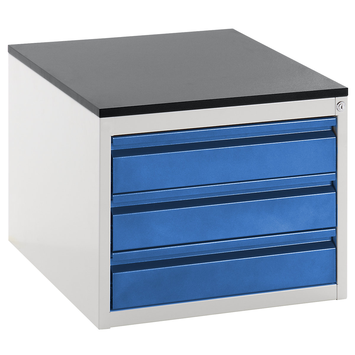 Armário de gavetas com guias telescópicas – RAU, altura 460 mm, gavetas 3 x 120 mm, cinzento claro / azul genciana, largura 580 mm-0
