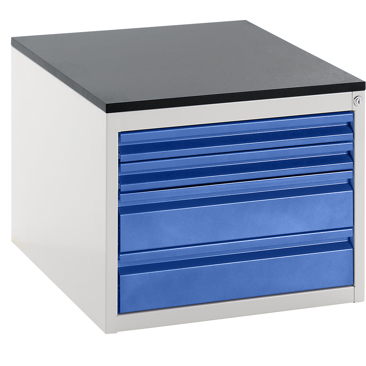Armário de gavetas com guias telescópicas – RAU, altura 460 mm, gavetas 2 x 60, 2 x 120 mm, cinzento claro / azul genciana, largura 580 mm-0
