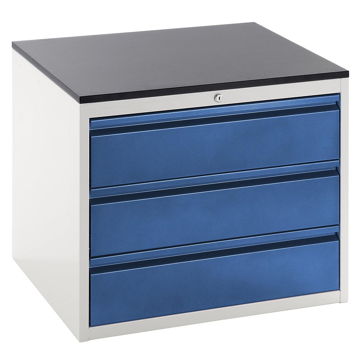 Armário de gavetas com guias telescópicas – RAU, altura 640 mm, gavetas 3 x 180 mm, cinzento claro / azul genciana, largura 770 mm-0