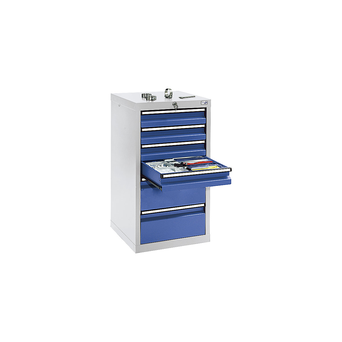 Armário de gavetas, AxLxP 900 x 500 x 500 mm, 4 gavetas 100 mm de altura, 2 gavetas 200 mm, corpo em cinzento claro, gavetas em azul genciana-0