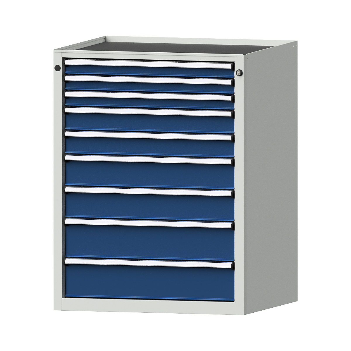 Armário de gavetas – ANKE, LxP 760 x 675 mm, capacidade de carga por gaveta 100 kg, 9 gavetas, altura 980 mm, frente azul genciana-0