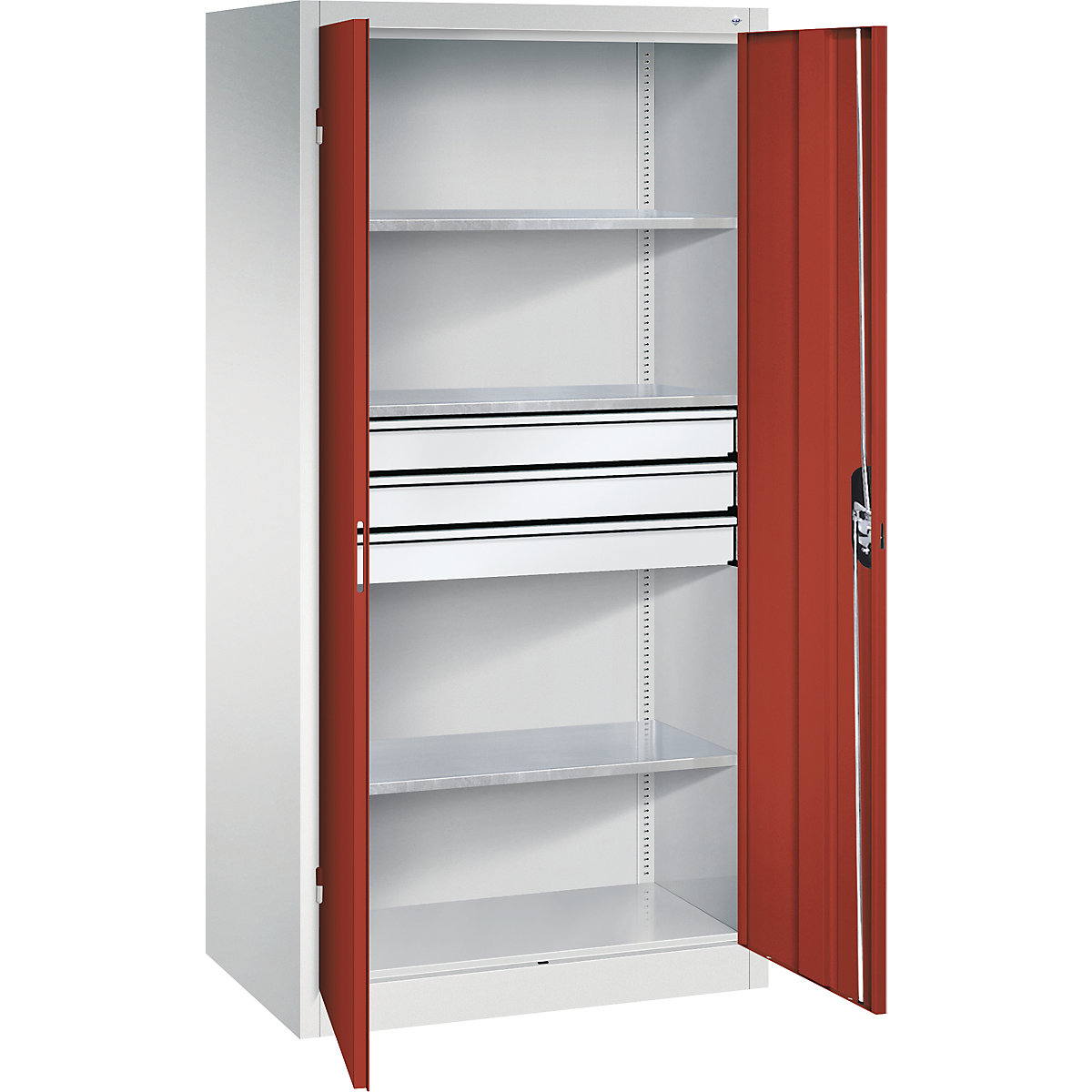 Armário de portas de batente com gavetas para oficina – C+P, LxP 930 x 600 mm, 3 prateleiras, cinzento claro/vermelho rubi-0