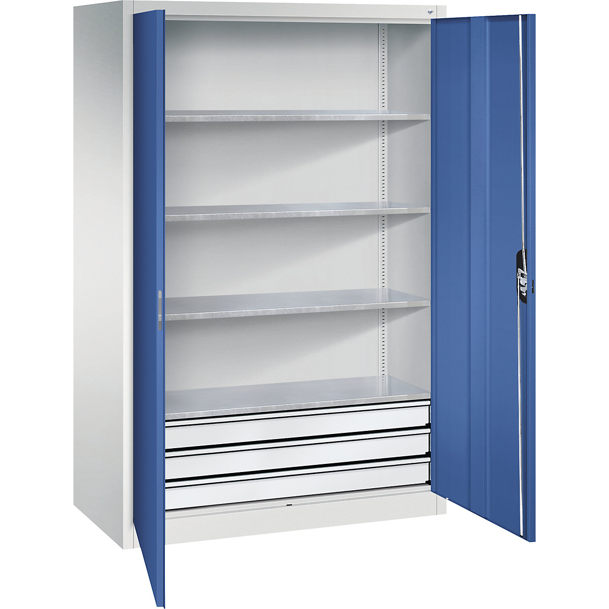 Armário de portas de batente com gavetas para oficina – C+P, LxP 1200 x 600 mm, 4 prateleiras, cinzento claro/azul genciana-0