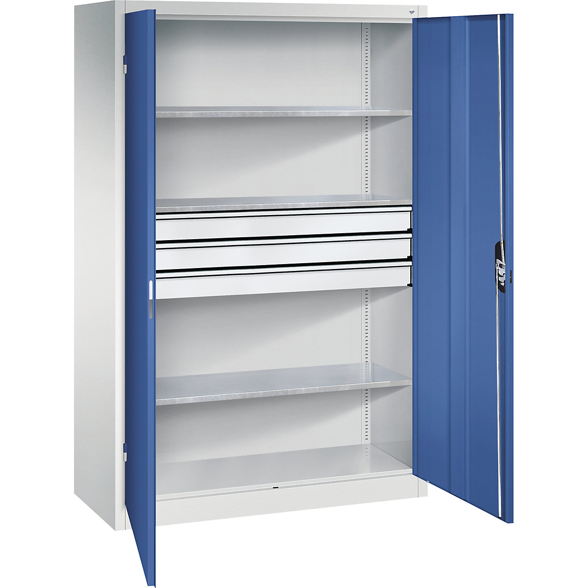 Armário de portas de batente com gavetas para oficina – C+P, LxP 1200 x 500 mm, 3 prateleiras, cinzento claro/azul genciana-0