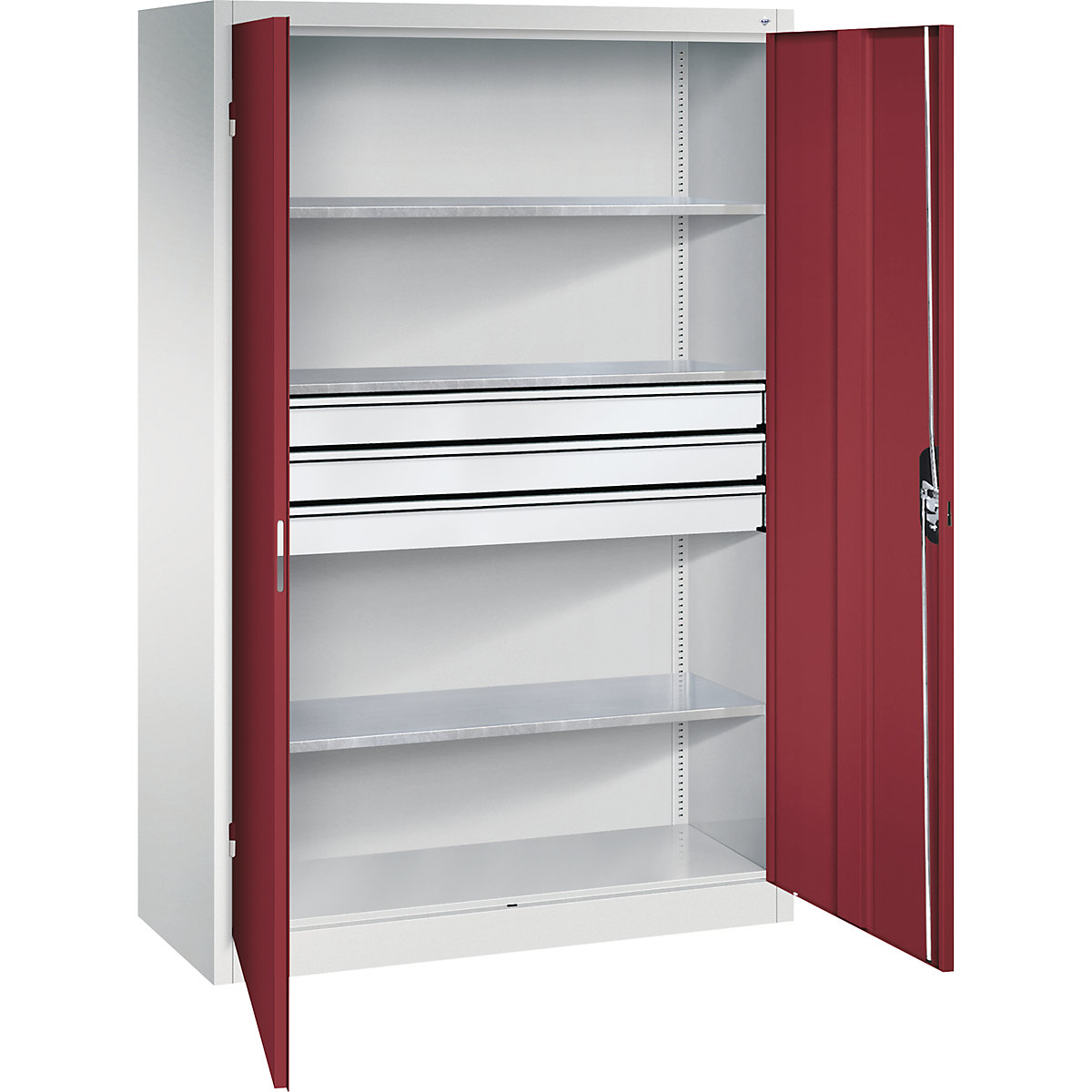 Armário de portas de batente com gavetas para oficina – C+P, LxP 1200 x 500 mm, 3 prateleiras, cinzento claro/vermelho rubi-0