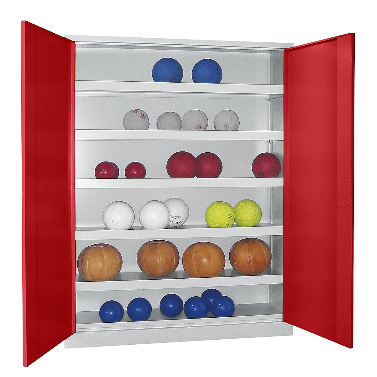 Armário de portas de batente para bolas, altura 1950 mm – Pavoy, com portas de chapa maciça, largura 1500 mm, cinzento / vermelho-0