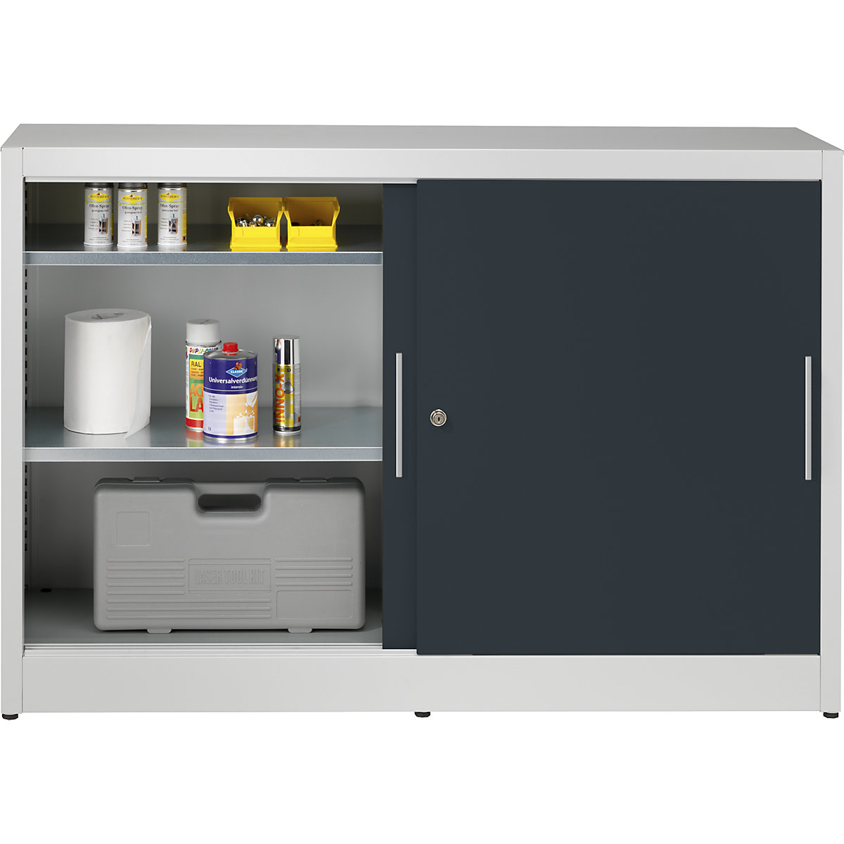 Armário de portas de correr, altura 1000 mm – eurokraft pro, com divisória central e 2 x 2 prateleiras, largura 1500 mm, profundidade 420 mm, portas em cinzento antracite RAL 7016-0