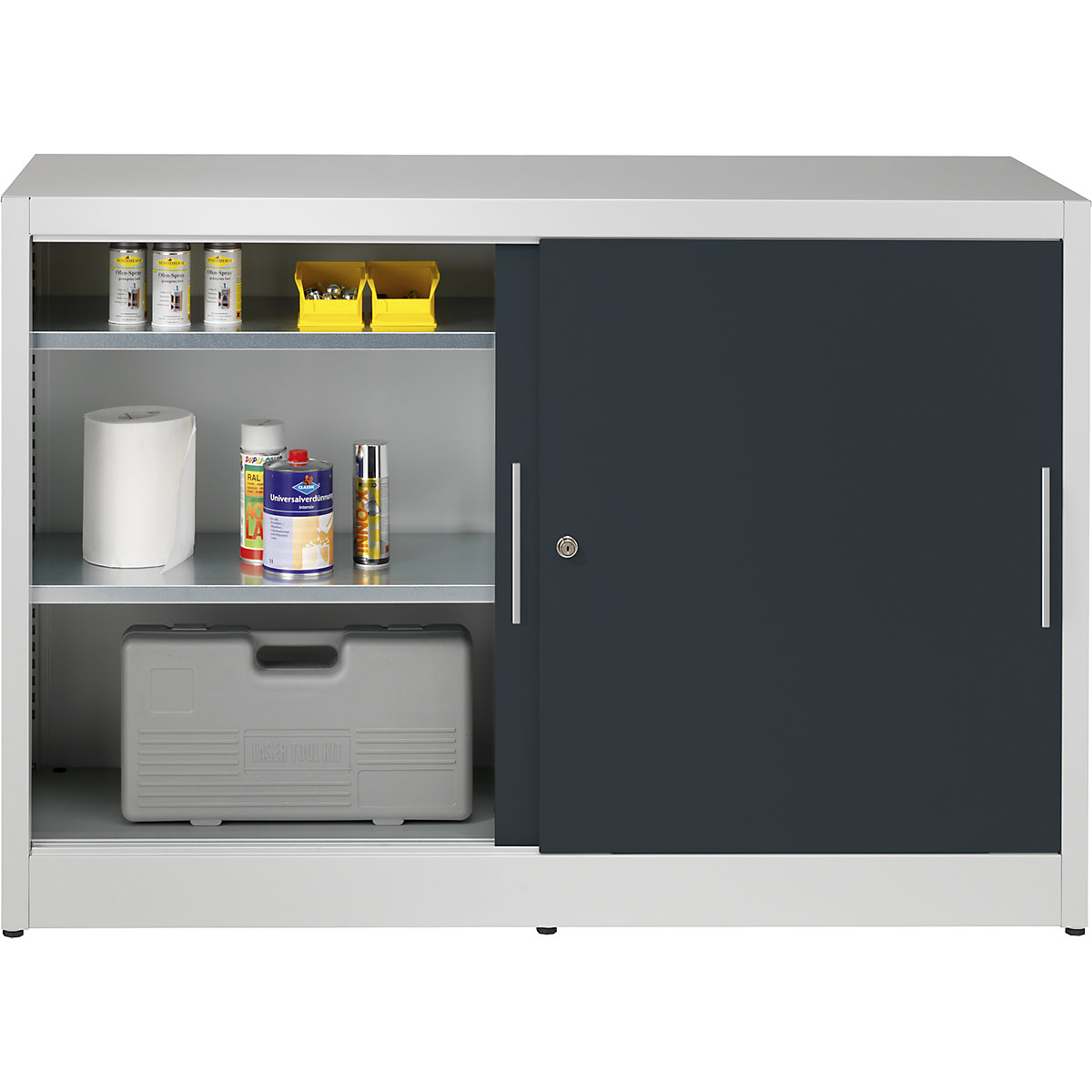 Armário de portas de correr, altura 1000 mm – eurokraft pro, com divisória central e 2 x 2 prateleiras, largura 1500 mm, profundidade 500 mm, portas em cinzento antracite RAL 7016-0
