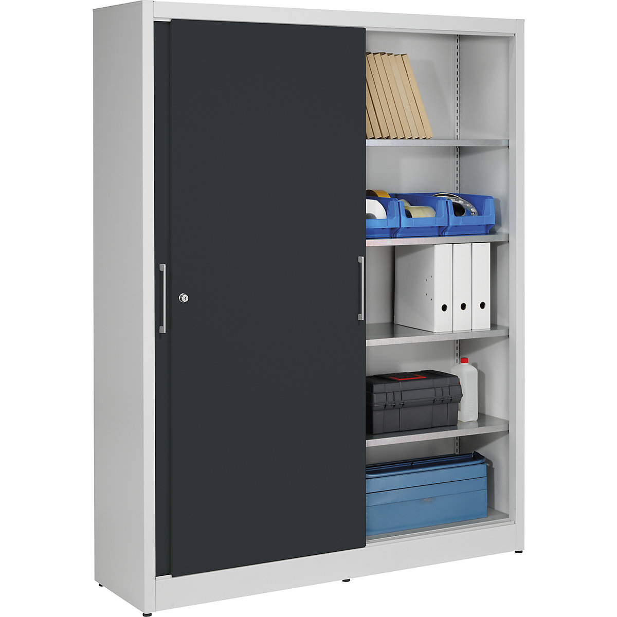 Armário de portas de correr, altura 1950 mm – eurokraft pro, com divisória central e 2 x 4 prateleiras, largura 1500 mm, profundidade 420 mm, portas em cinzento antracite RAL 7016-0