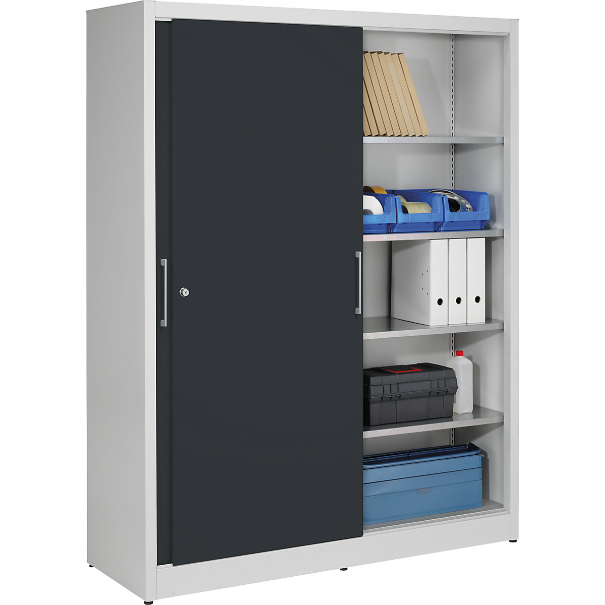 Armário de portas de correr, altura 1950 mm – eurokraft pro, com divisória central e 2 x 4 prateleiras, largura 1500 mm, profundidade 500 mm, portas em cinzento antracite RAL 7016-0