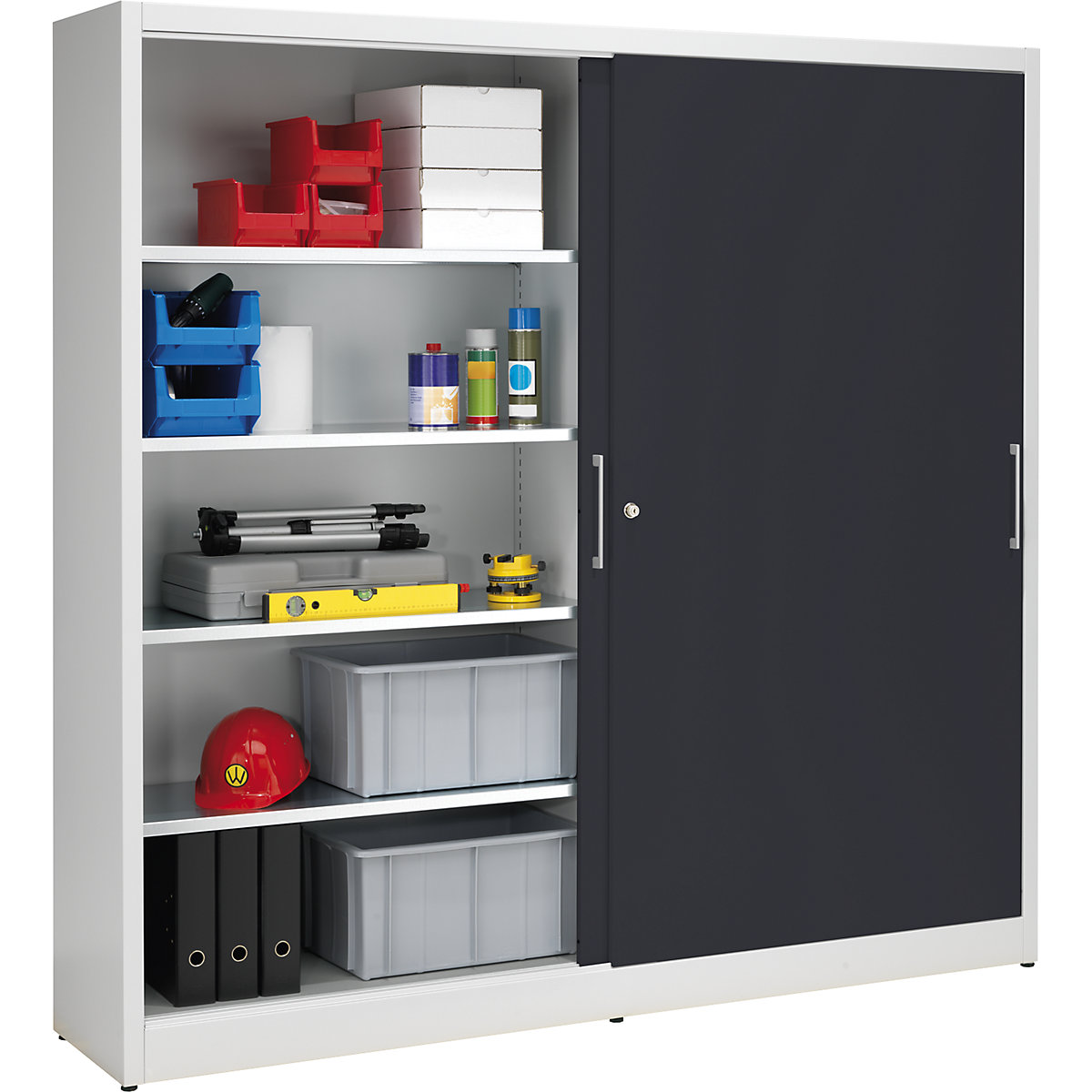 Armário de portas de correr, altura 1950 mm – eurokraft pro, com divisória central e 2 x 4 prateleiras, largura 2000 mm, profundidade 420 mm, portas em cinzento antracite RAL 7016-0