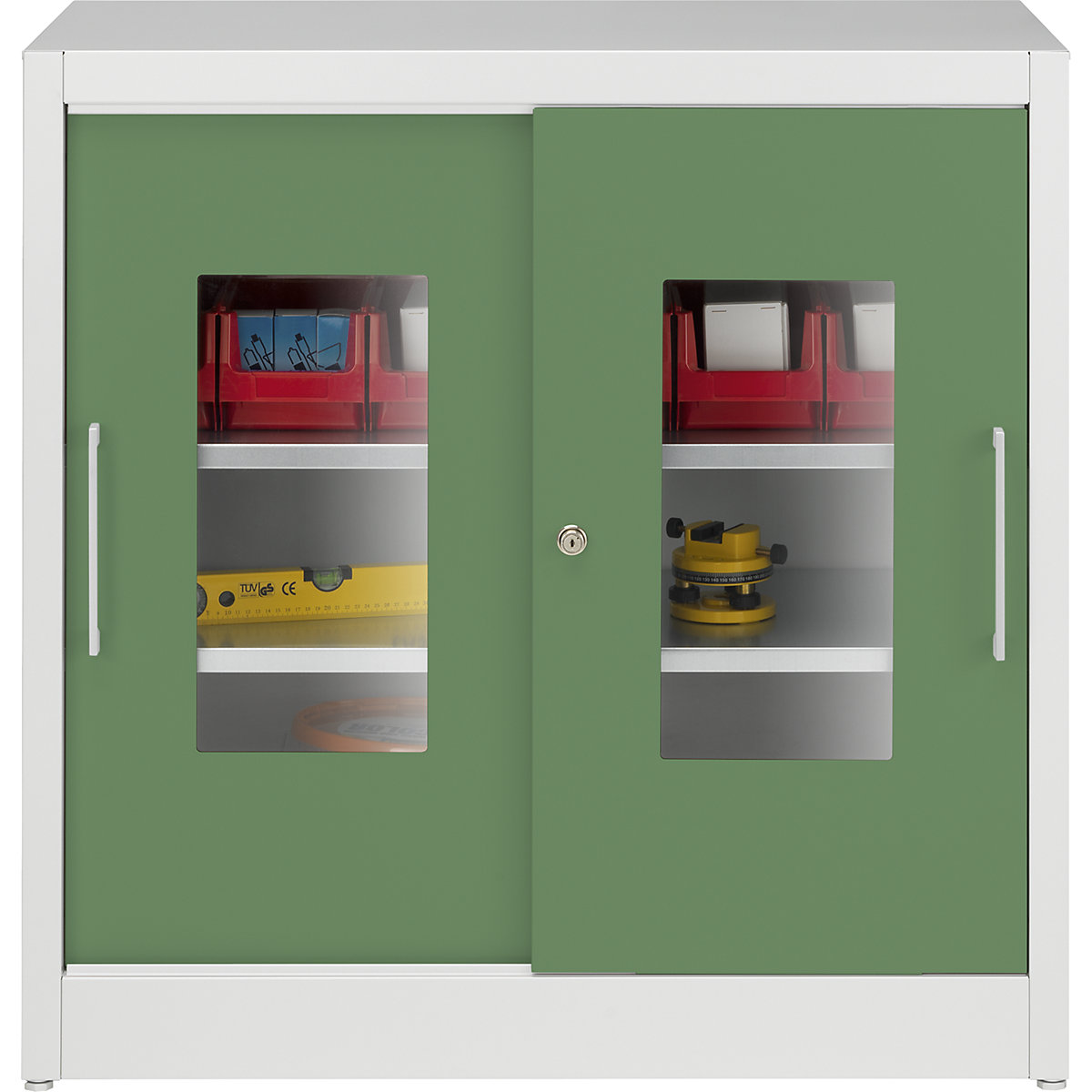 Armário de portas de correr com janela de visualização – mauser, com 2 prateleiras, AxL 1000 x 1000 mm, profundidade 600 mm, cor da porta verde reseda-0