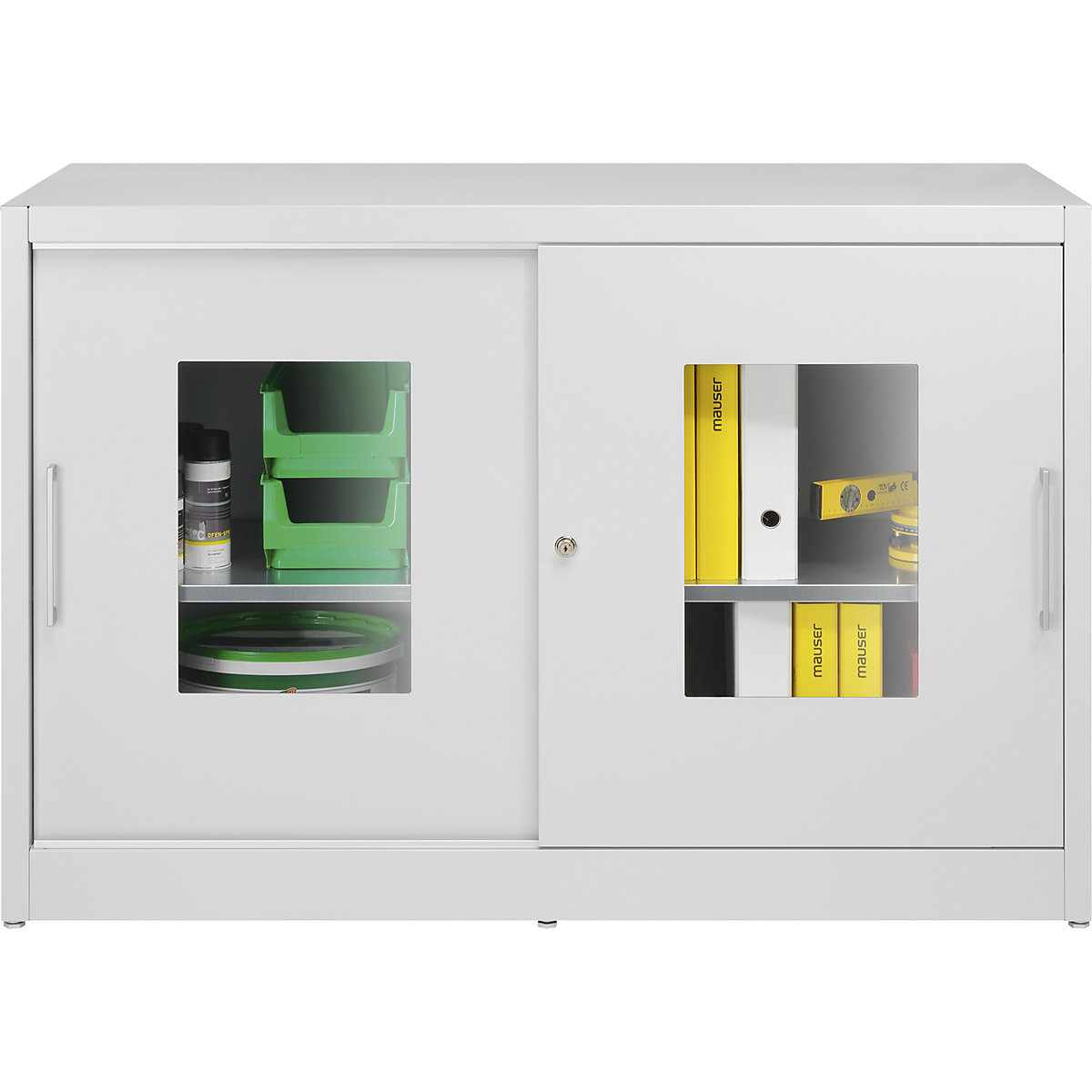 Armário de portas de correr com janela de visualização – mauser, com 2 x 2 prateleiras, AxL 1000 x 1500 mm, profundidade 600 mm, cor da porta cinzento claro-0
