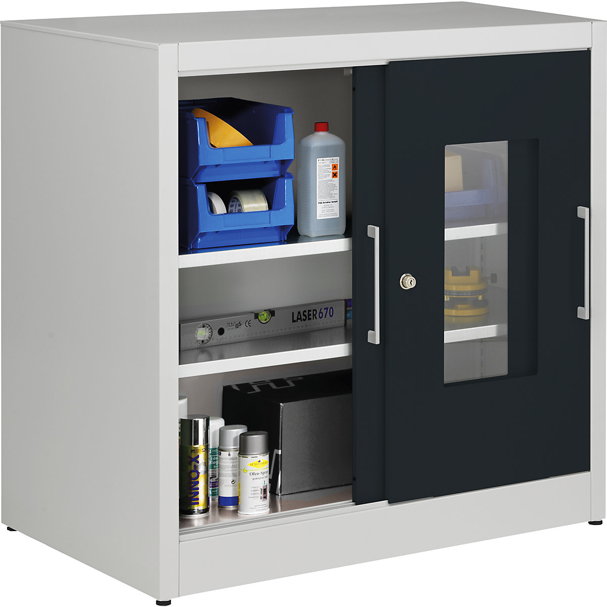 Armário de portas de correr com janela de visualização – mauser, com 2 prateleiras, AxL 1000 x 1000 mm, profundidade 600 mm, cor da porta cinzento antracite-0