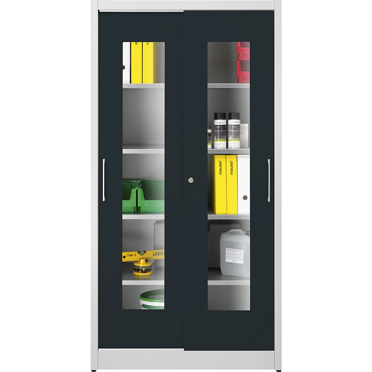 Armário de portas de correr com janela de visualização – mauser, com 4 prateleiras, AxL 1950 x 1000 mm, profundidade 600 mm, cor da porta cinzento antracite-0