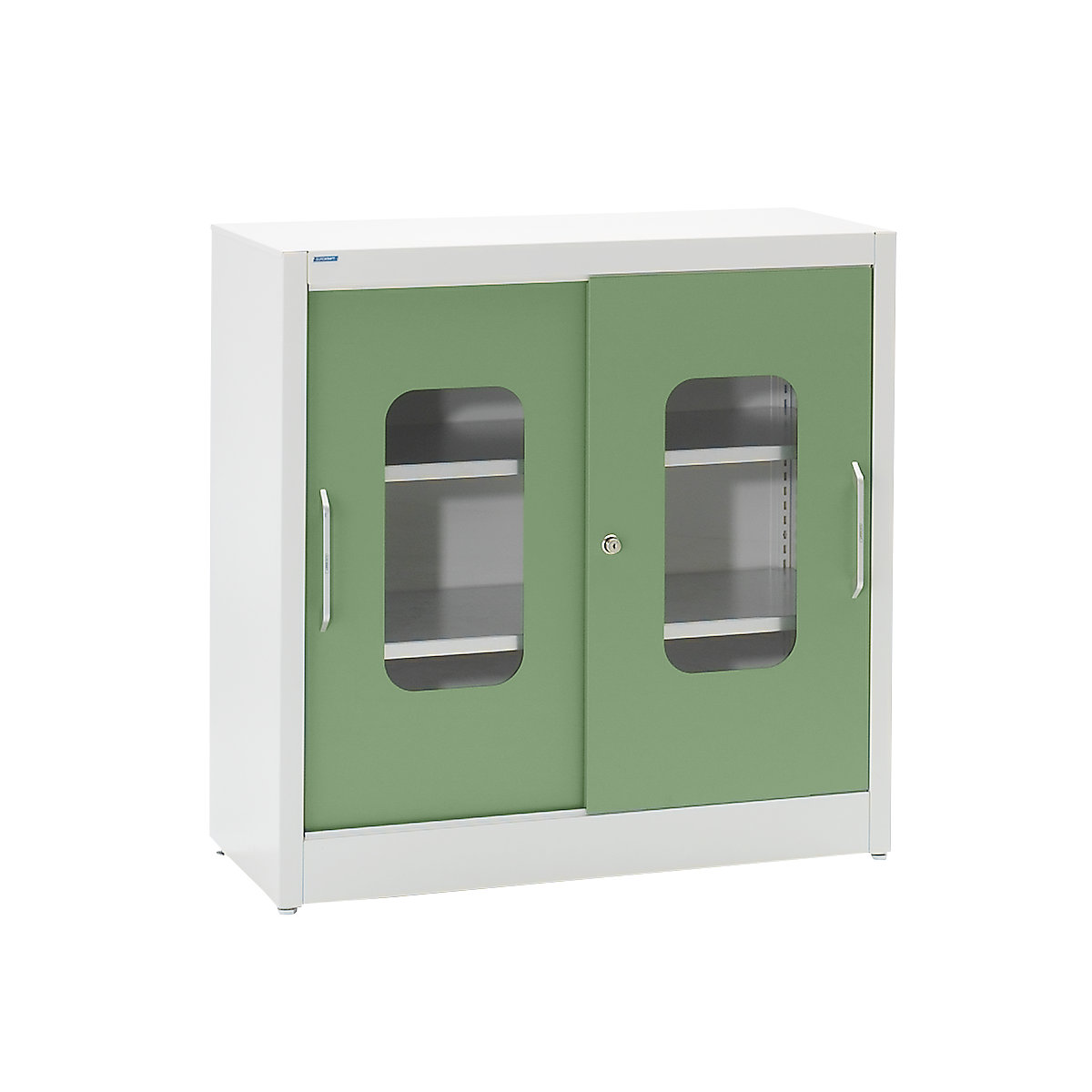 Armário de portas de correr com janela de visualização – mauser, com 2 prateleiras, AxL 1000 x 1000 mm, profundidade 500 mm, cor da porta verde reseda-0