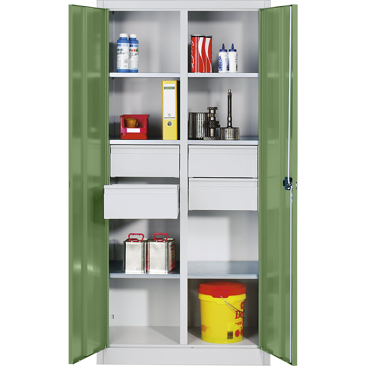 Armário para materiais em chapa de aço – C+P, 6 prateleiras, 4 gavetas, AxLxP 1950 x 930 x 500 mm, porta verde reseda, corpo cinzento claro-0