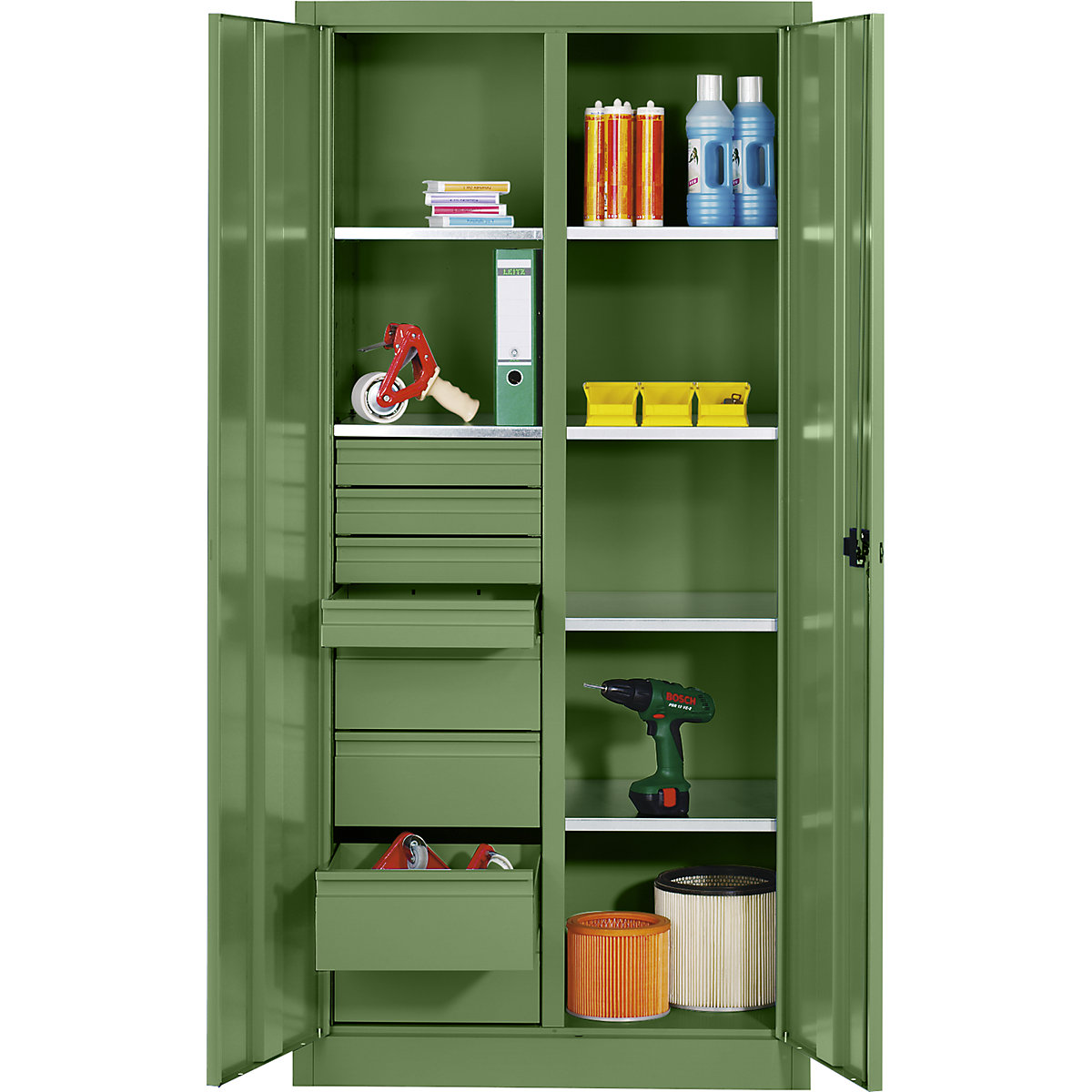Armário para materiais em chapa de aço – C+P, 6 prateleiras, 8 gavetas, AxLxP 1950 x 1200 x 500 mm, verde reseda-0