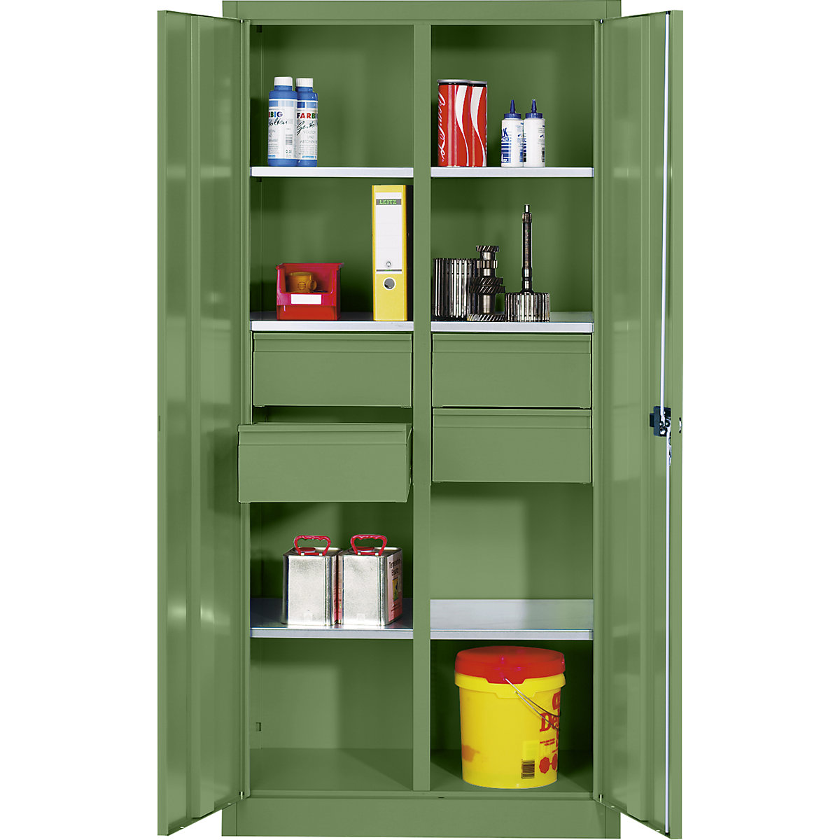 Armário para materiais em chapa de aço – C+P, 6 prateleiras, 4 gavetas, AxLxP 1950 x 930 x 500 mm, verde reseda-0