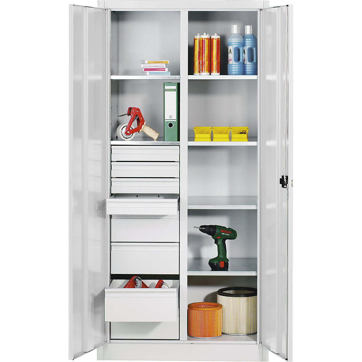Armário para materiais em chapa de aço – C+P, 6 prateleiras, 8 gavetas, AxLxP 1950 x 930 x 500 mm, cinzento claro-0