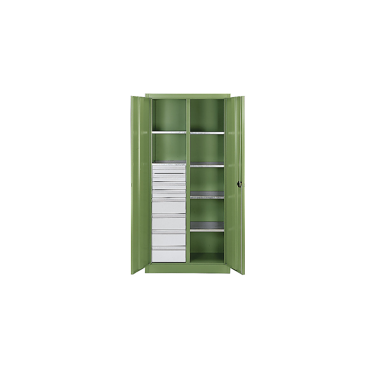 Armário para materiais em chapa de aço – C+P, 6 prateleiras, 8 gavetas, AxLxP 1950 x 930 x 500 mm, verde reseda-0