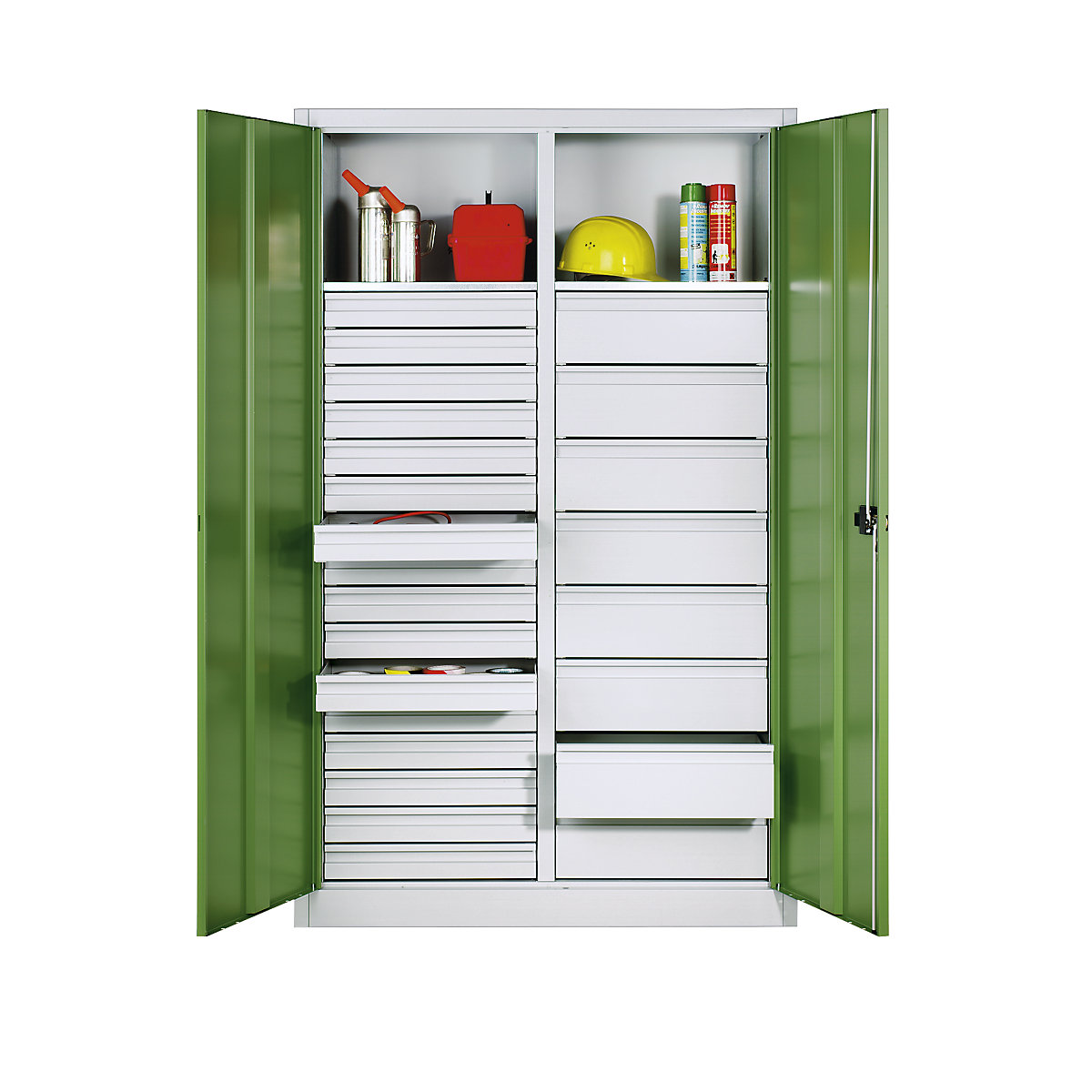 Armário para materiais em chapa de aço – C+P, 2 prateleiras, 24 gavetas, AxLxP 1950 x 930 x 500 mm, porta verde reseda, corpo cinzento claro-0