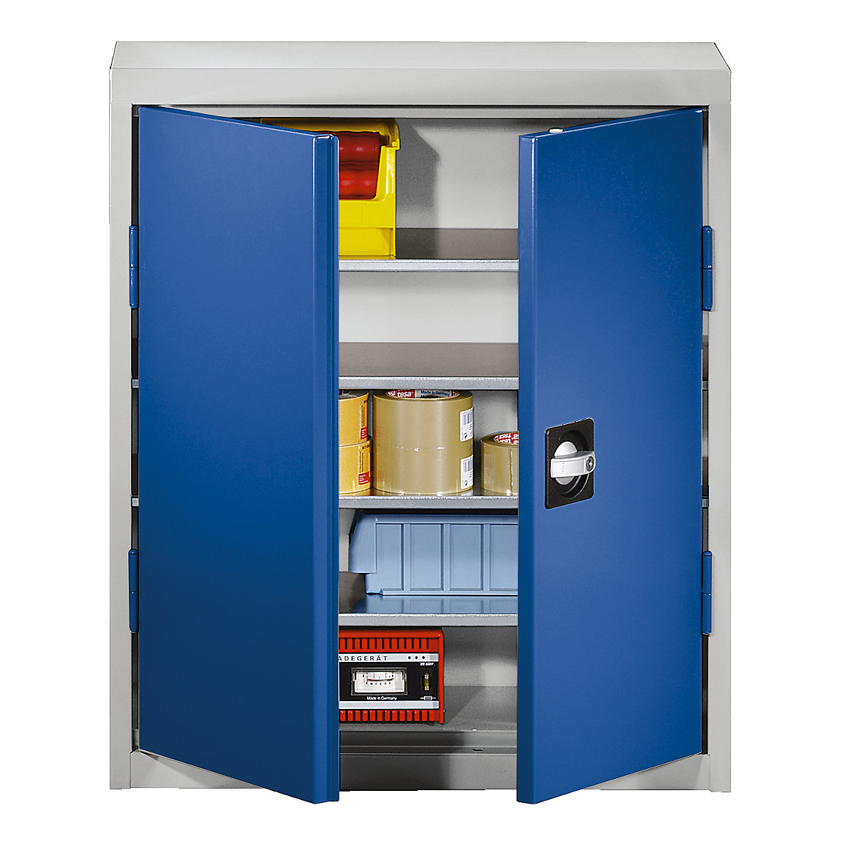 Armário para materiais em chapa de aço – eurokraft pro, altura 780 mm, cinzento claro RAL 7035 / azul genciana RAL 5010, 4 prateleiras-0
