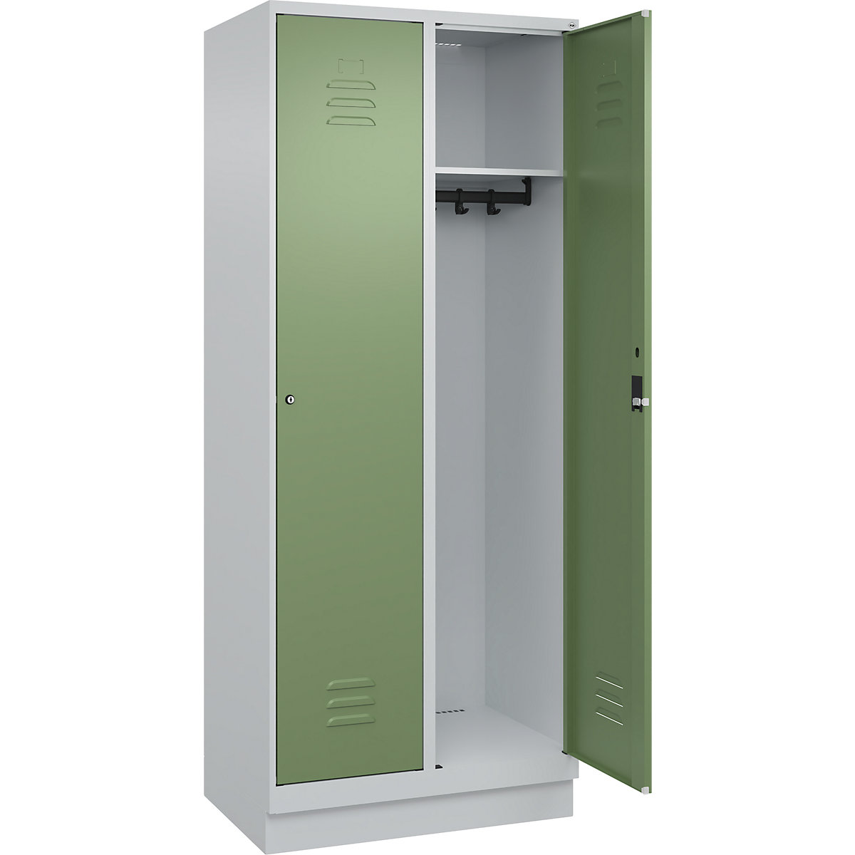 Cacifo Classic PLUS – C+P, 2 compartimentos, cinzento claro/verde reseda, L 800 mm, com rodapé, fechadura de cilindro-0