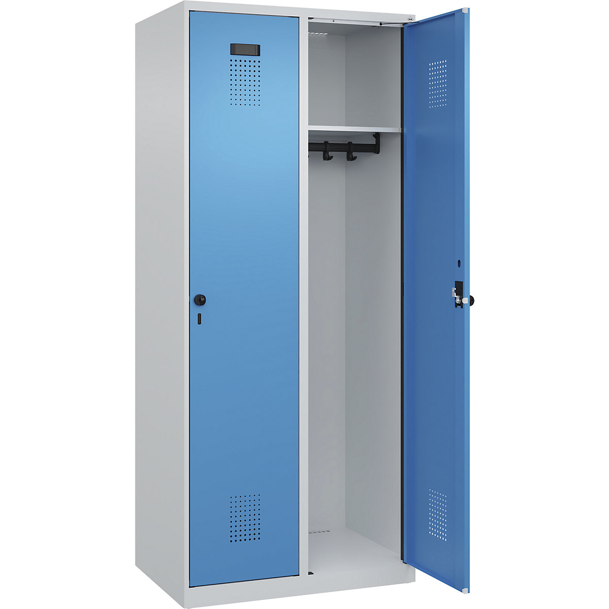 Cacifo Evolo PLUS – C+P, 2 compartimentos, cinzento claro/azul claro, L 800 mm, com sapatas, trinco rotativo-0