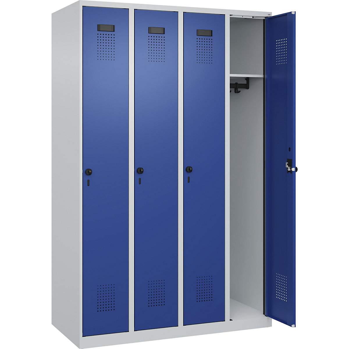 Cacifo Evolo PLUS – C+P, 4 compartimentos, cinzento claro/azul genciana, L 1200 mm, com sapatas, trinco rotativo-0