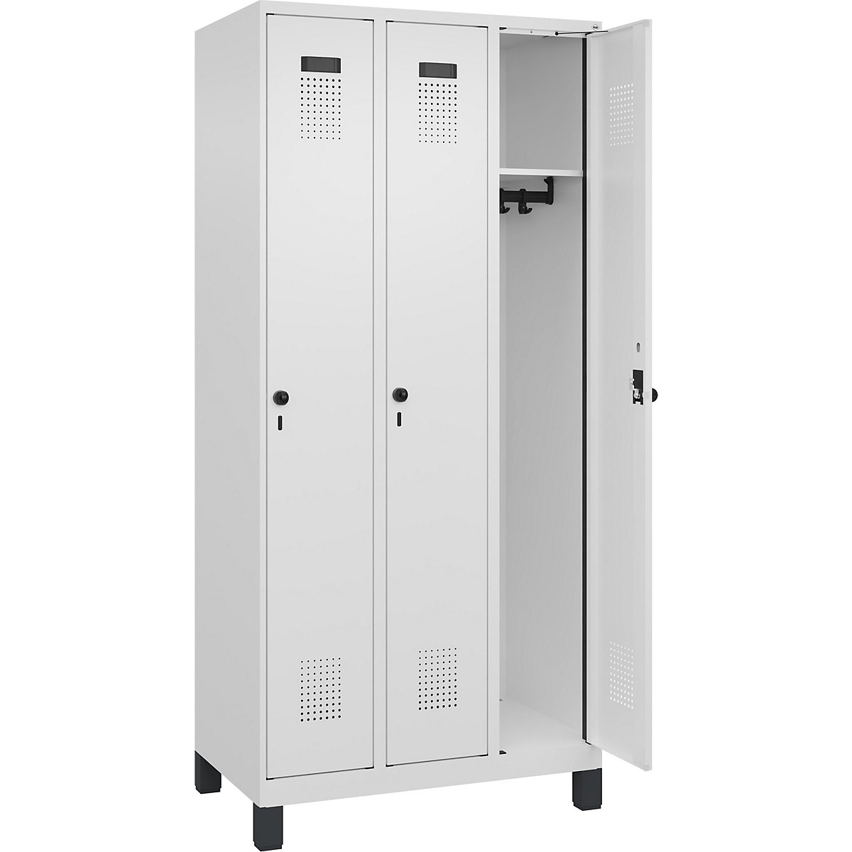 Cacifo Evolo PLUS – C+P, 3 compartimentos, branco trânsito, L 900 mm, com pés largos, trinco rotativo-0