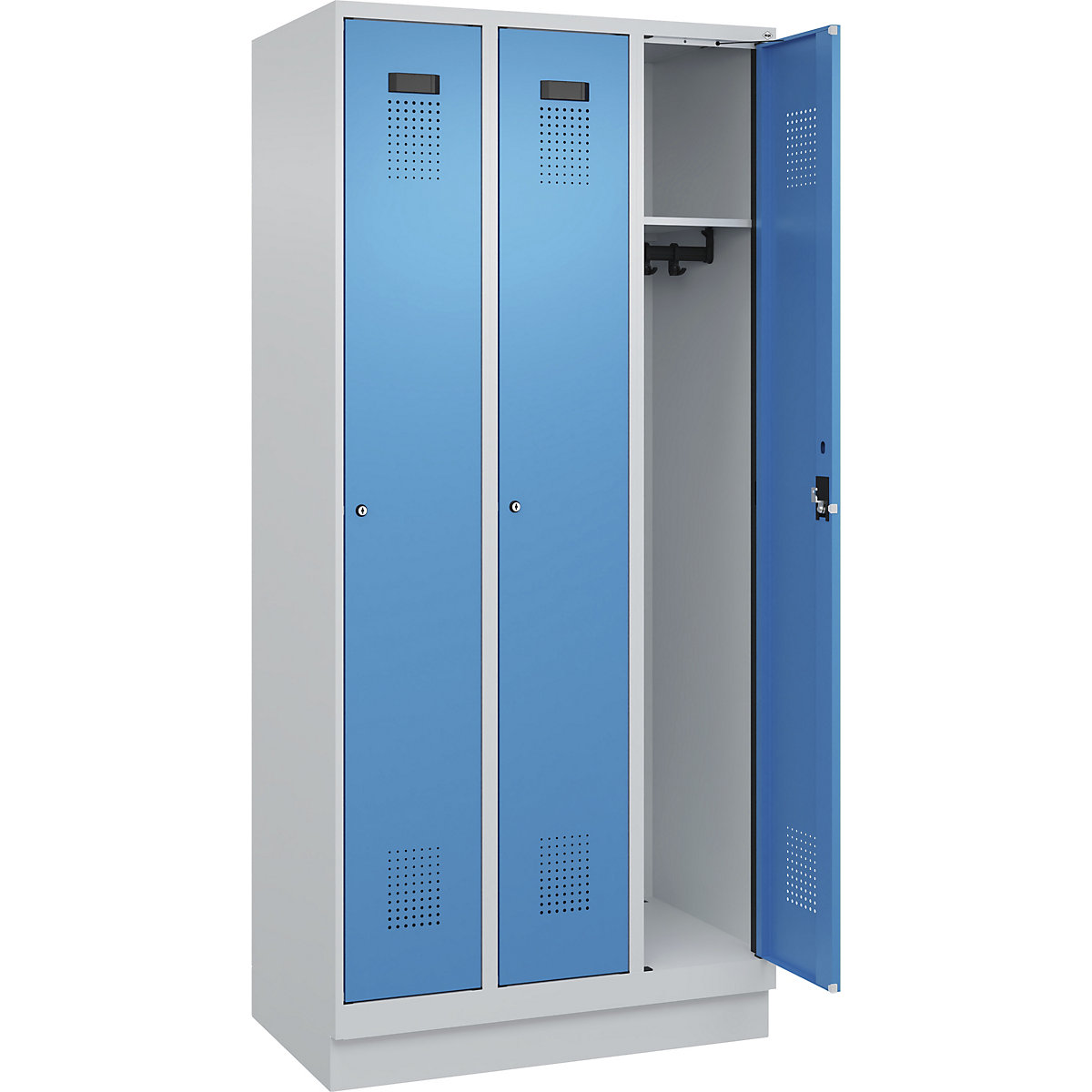 Cacifo Evolo PLUS – C+P, 3 compartimentos, cinzento claro/azul claro, L 900 mm, com rodapé, fechadura de cilindro-0