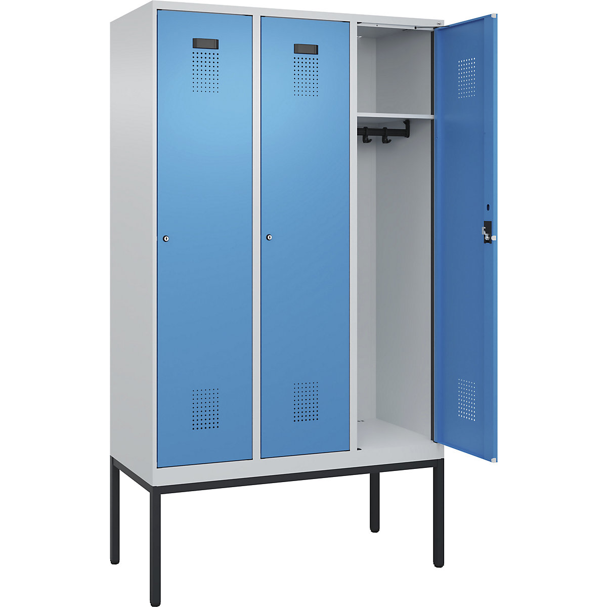 Cacifo Evolo PLUS – C+P, 3 compartimentos, cinzento claro/azul claro, L 1200 mm, com pés estreitos, fechadura de cilindro-0