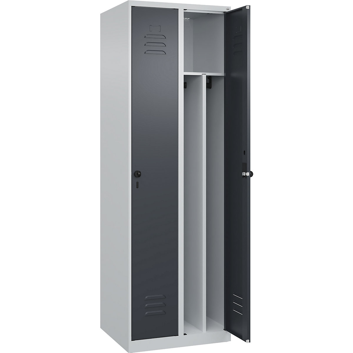 Cacifo com separação de roupa suja/limpa Classic PLUS, estreito – C+P, 2 compartimentos, divisória encurtada, cinzento claro/cinzento, L 600 mm, com sapatas, trinco rotativo, divisória central-0