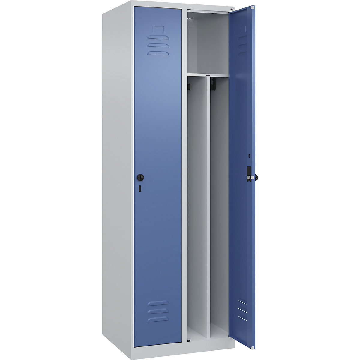Cacifo com separação de roupa suja/limpa Classic PLUS, estreito – C+P, 2 compartimentos, divisória encurtada, cinzento claro/azul distante, L 600 mm, com sapatas, trinco rotativo, divisória central-0