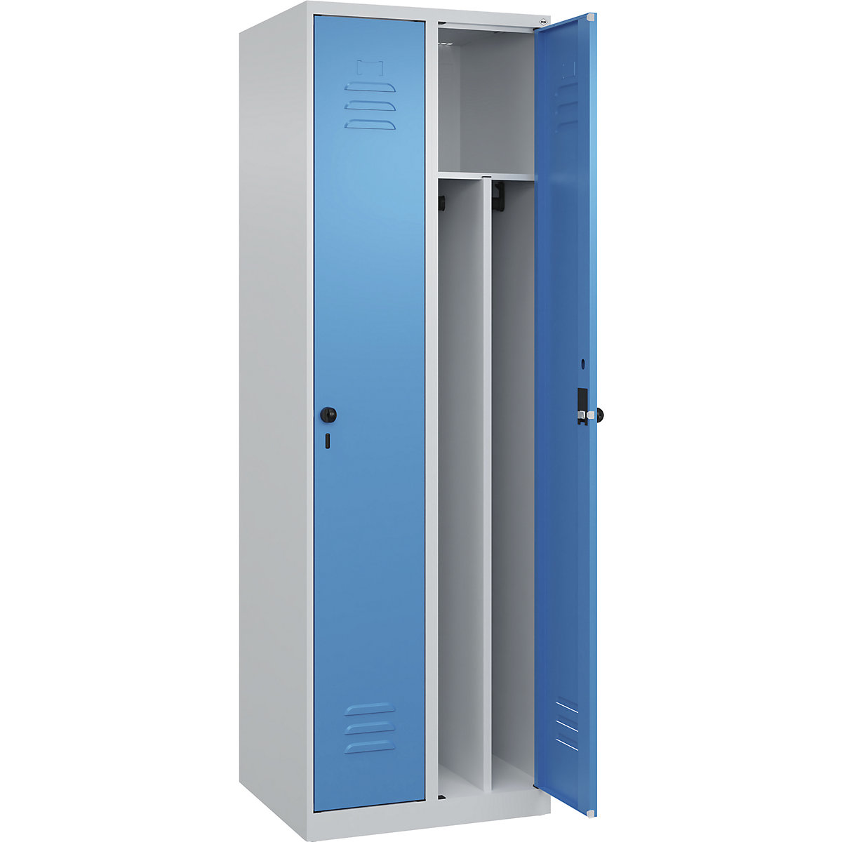 Cacifo com separação de roupa suja/limpa Classic PLUS, estreito – C+P, 2 compartimentos, divisória encurtada, cinzento claro/azul claro, L 600 mm, com sapatas, trinco rotativo, divisória central-0