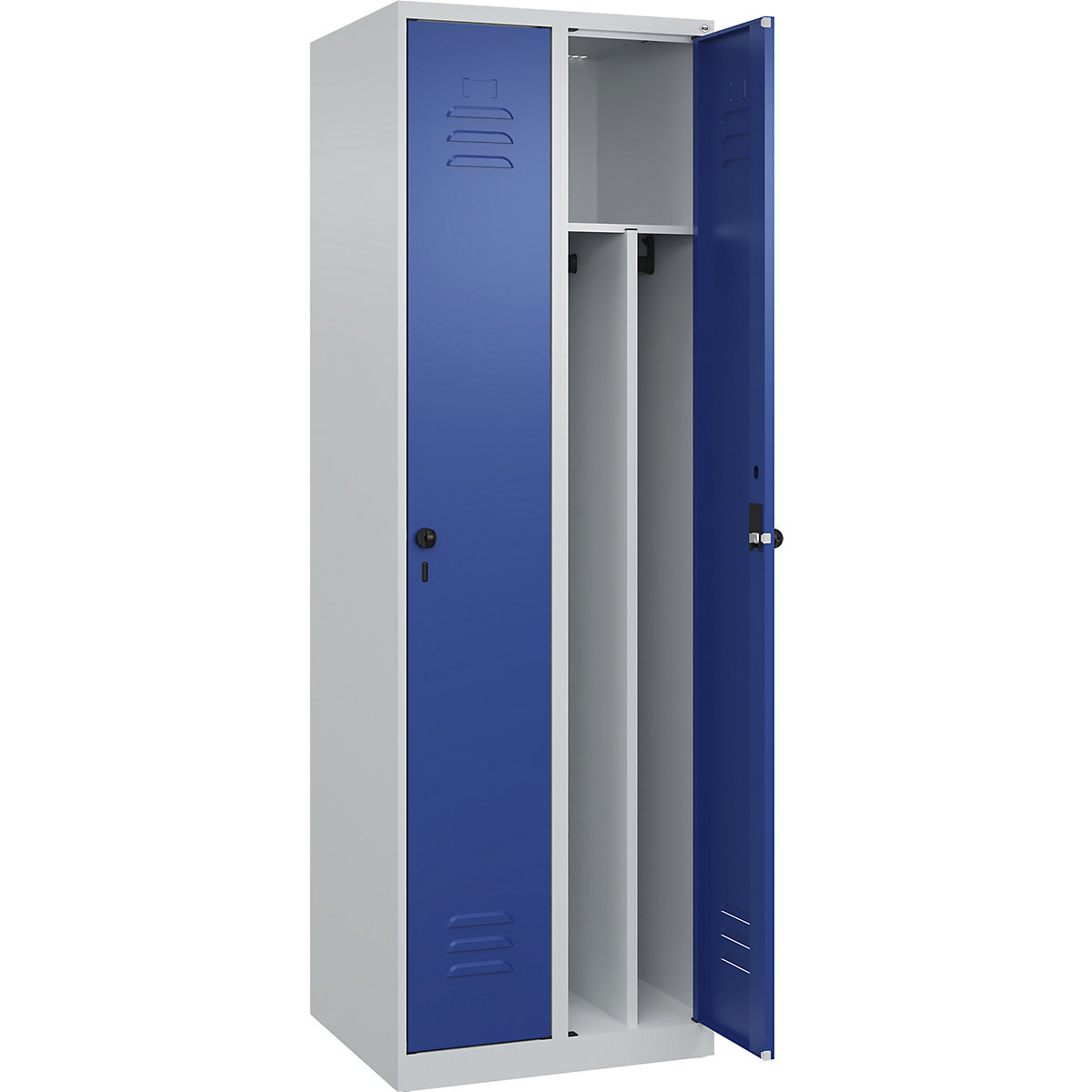 Cacifo com separação de roupa suja/limpa Classic PLUS, estreito – C+P, 2 compartimentos, divisória encurtada, cinzento claro/azul genciana, L 600 mm, com sapatas, trinco rotativo, divisória central-0