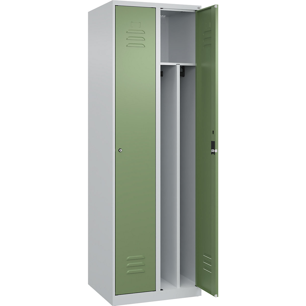 Cacifo com separação de roupa suja/limpa Classic PLUS, estreito – C+P, 2 compartimentos, divisória encurtada, cinzento claro/verde reseda, L 600 mm, com sapatas, fechadura de cilindro, divisória central-0