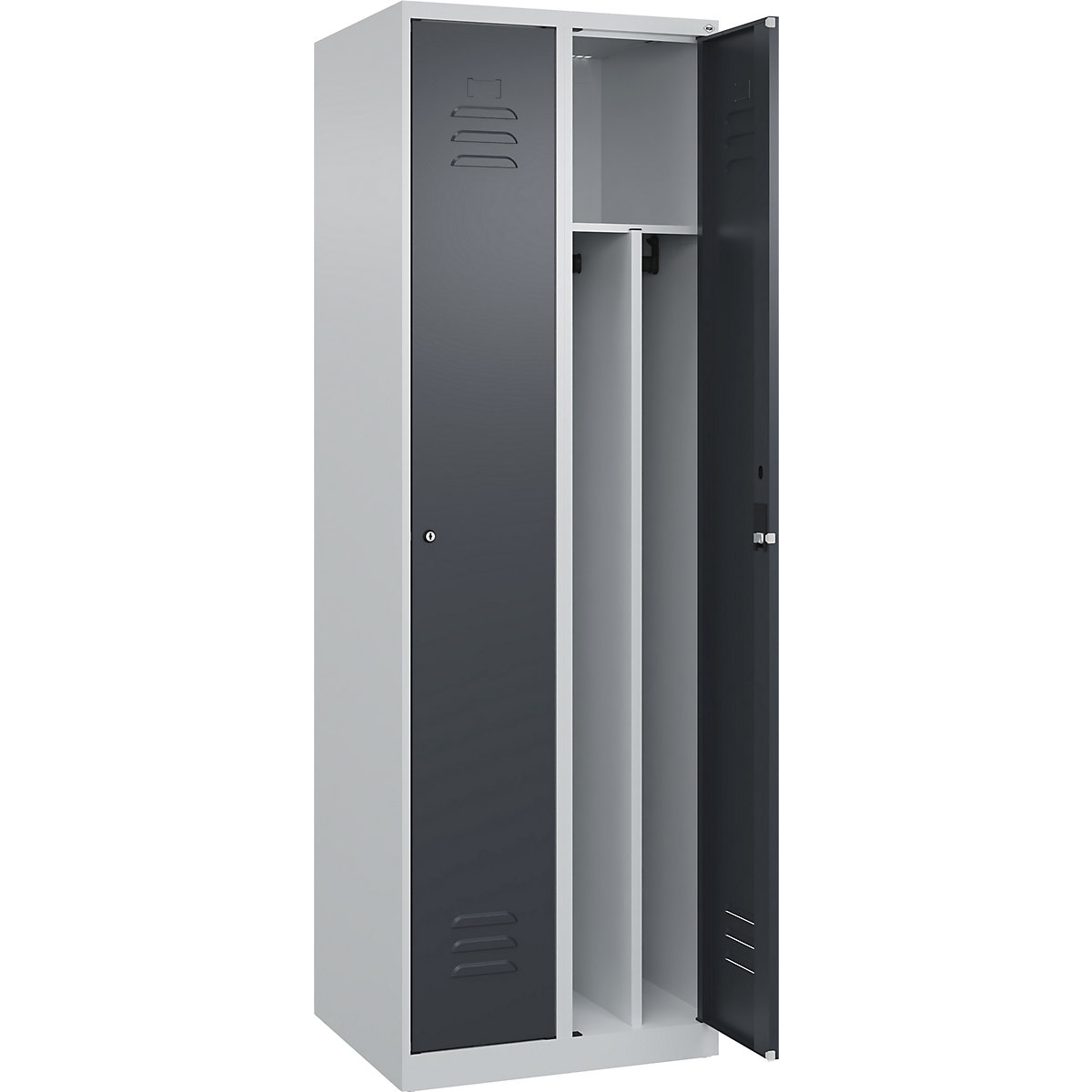 Cacifo com separação de roupa suja/limpa Classic PLUS, estreito – C+P, 2 compartimentos, divisória encurtada, cinzento claro/cinzento, L 600 mm, com sapatas, fechadura de cilindro, divisória central-0