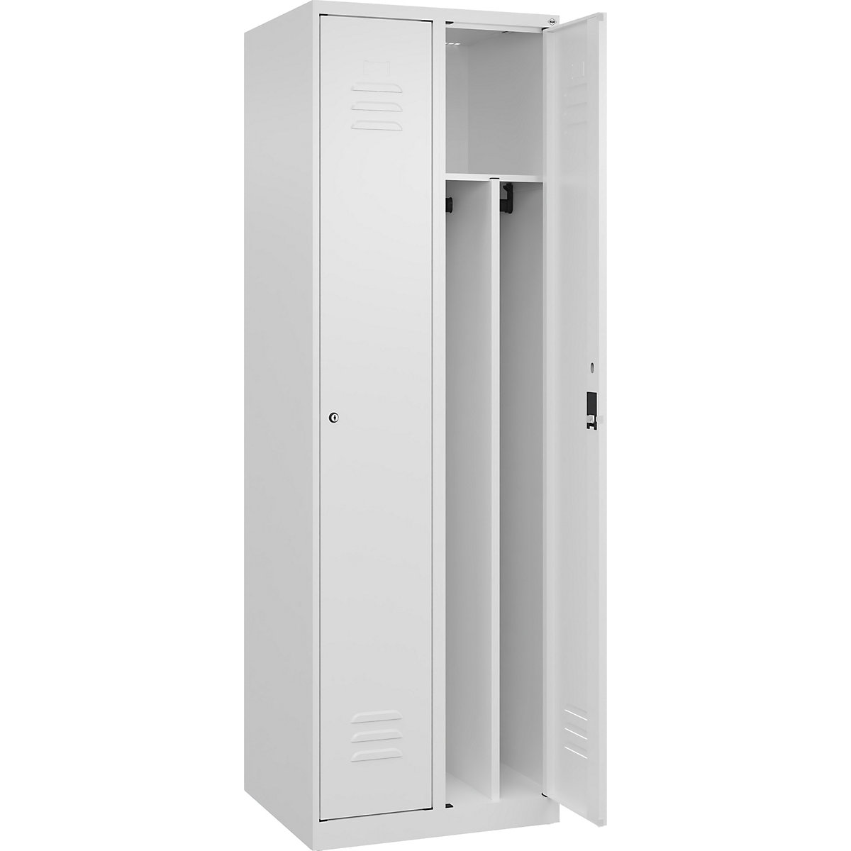 Cacifo com separação de roupa suja/limpa Classic PLUS, estreito – C+P, 2 compartimentos, divisória encurtada, branco trânsito, L 600 mm, com sapatas, fechadura de cilindro, divisória central-0