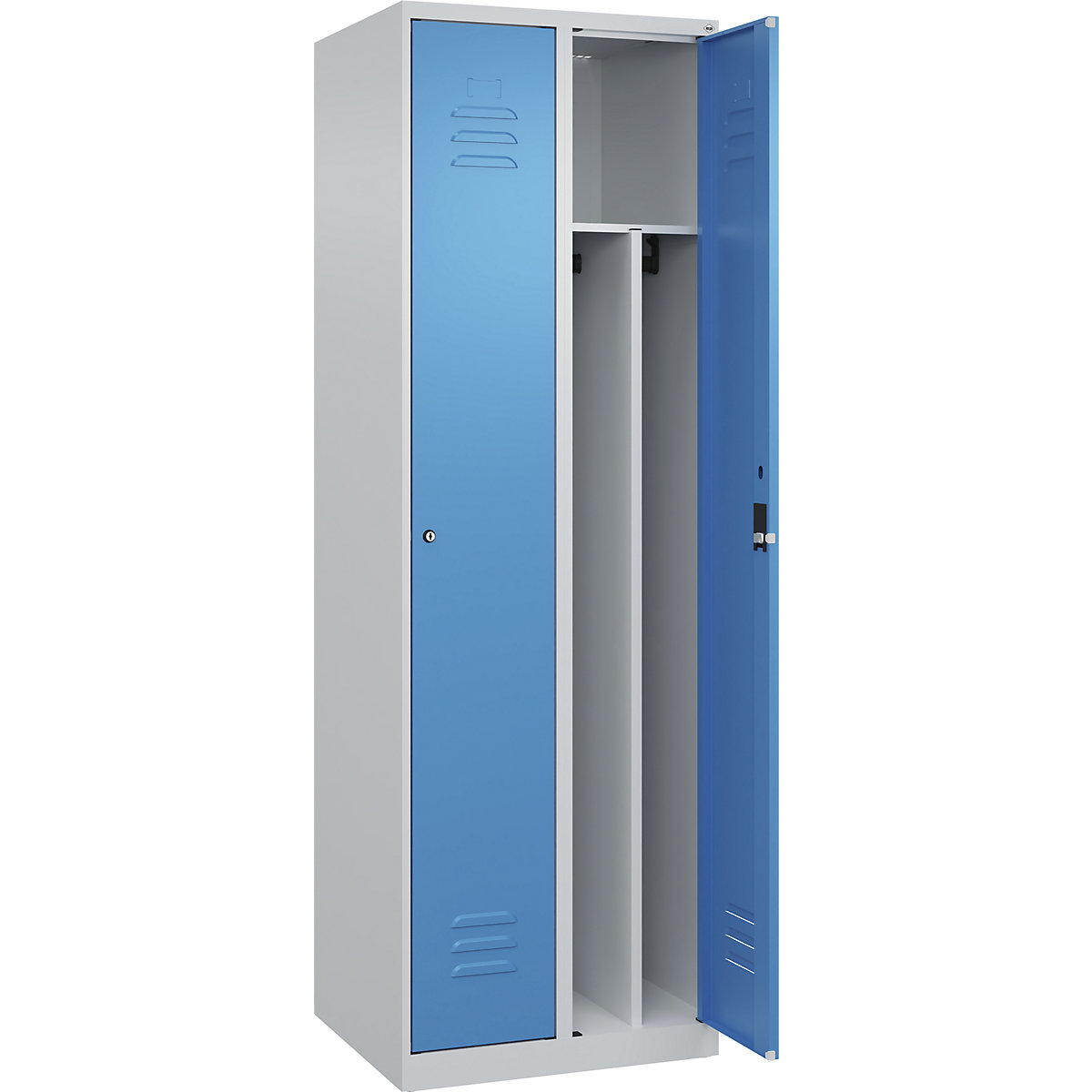 Cacifo com separação de roupa suja/limpa Classic PLUS, estreito – C+P, 2 compartimentos, divisória encurtada, cinzento claro/azul claro, L 600 mm, com sapatas, fechadura de cilindro, divisória central-0